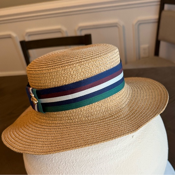 Tan and Blue Straw Sun Hat with Decorative Band - Picture 2 of 8